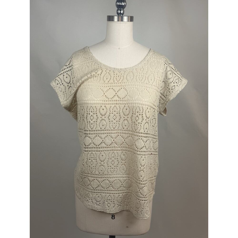 Large Crochet Top Cream Block Boho Pattern Cottage Core Short Sleeve‎ Eyelet